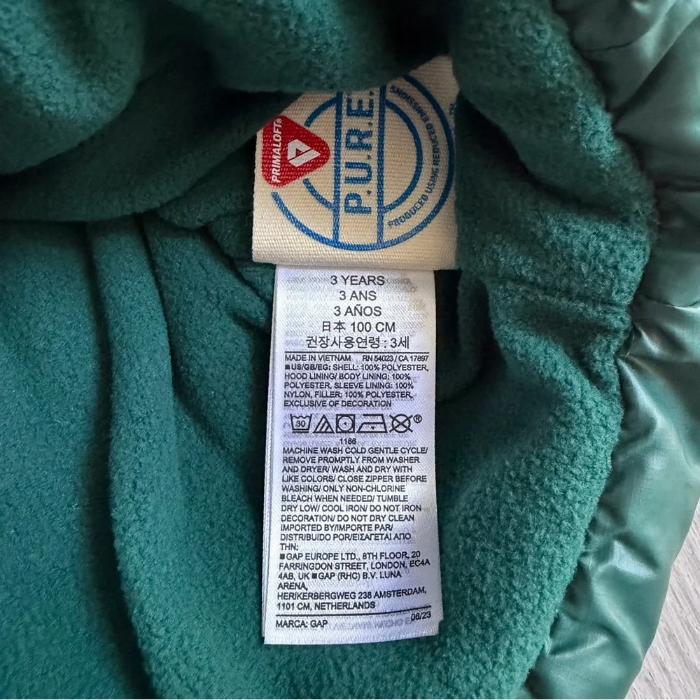 NWT Baby Gap Puffer Jacket with Removable Hood Green Toddler 3 Kids Boys Girls